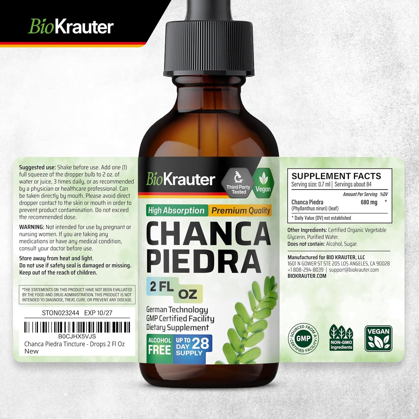 Chanca Piedra Herbal Tincture for Kidney Health - Stone Breaker & Gallbladder Cleanse Liquid - Vegan, Alcohol & Sugar Free - 2 Fl Oz