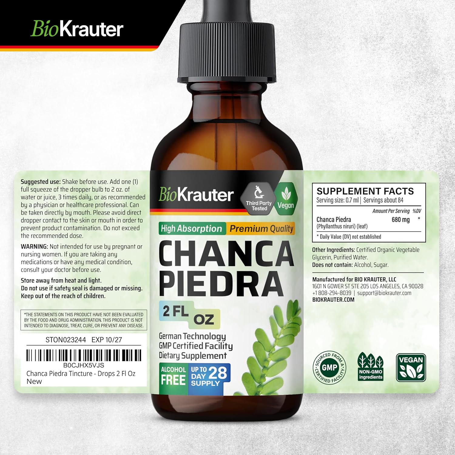 Chanca Piedra Herbal Tincture for Kidney Health - Stone Breaker & Gallbladder Cleanse Liquid - Vegan, Alcohol & Sugar Free - 2 Fl Oz