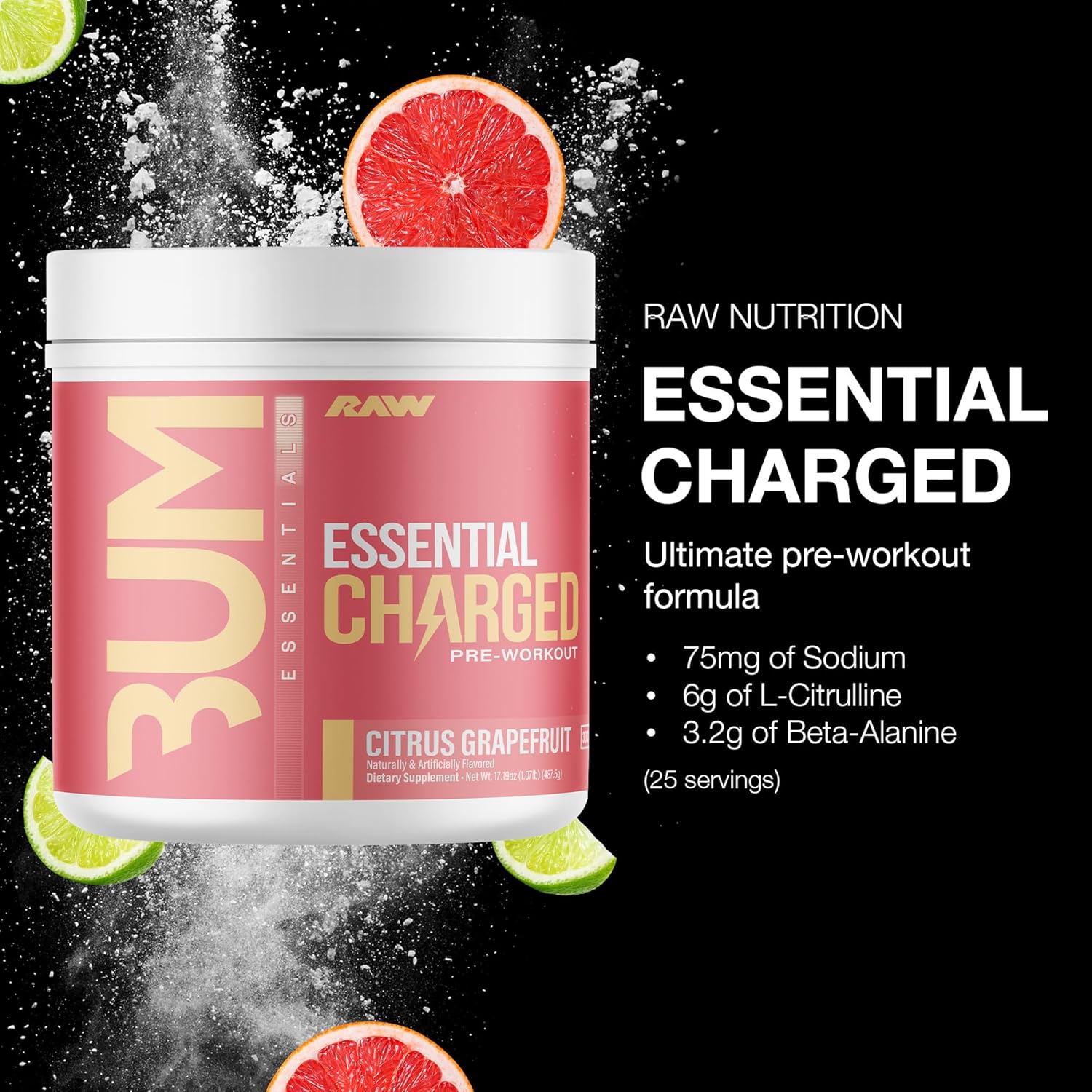 Charged Citrus Grapefruit Pre-Workout Powder - Boosts Focus, Mood, Performance - Caffeine, Alpha-GPC, L-Citrulline, Beta Alanine - 25 Servings - BoostGo Australia