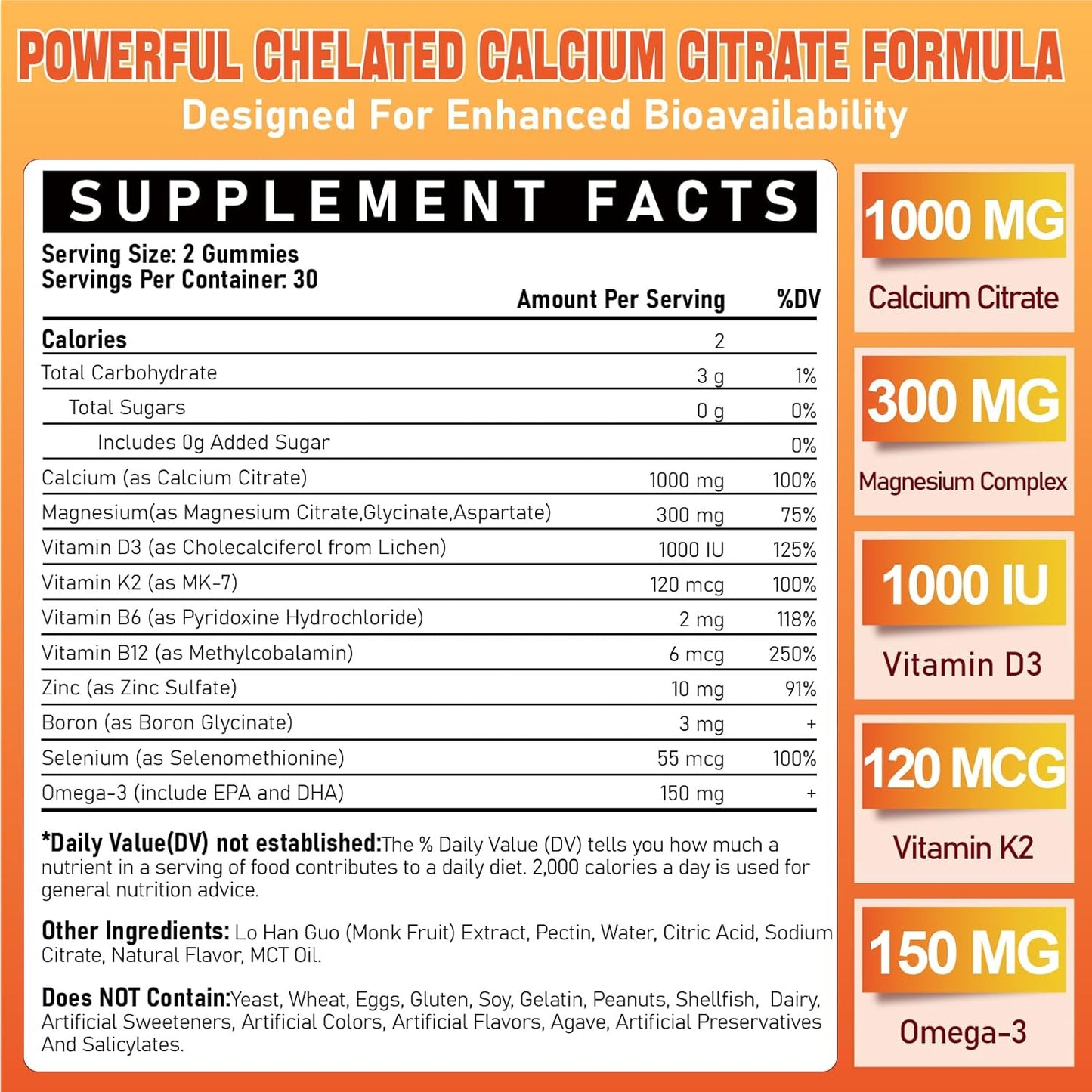 Chelated Calcium Gummies with Essential Vitamins & Minerals - 1000 mg Calcium Citrate Supplement for Bone, Muscle, and Immune Support - 60 Count