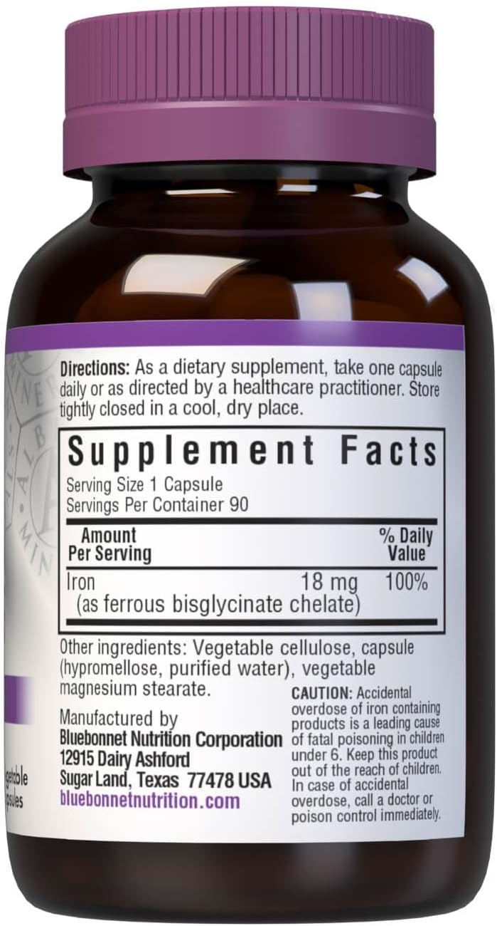 Chelated Iron 18 mg Supplement - Non-Constipating, Soy-Free, Gluten-Free, Non-GMO, Kosher, Dairy-Free, Vegan - 90 Vegetable Capsules