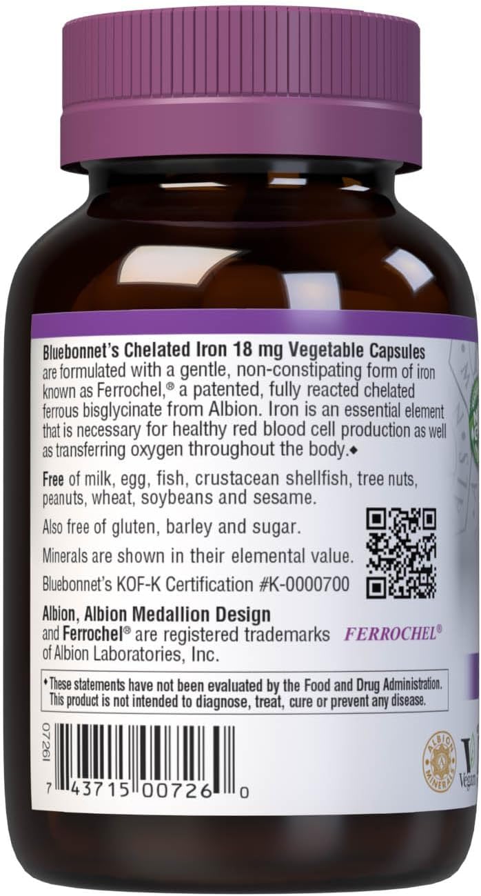 Chelated Iron 18 mg Supplement - Non-Constipating, Soy-Free, Gluten-Free, Non-GMO, Kosher, Dairy-Free, Vegan - 90 Vegetable Capsules