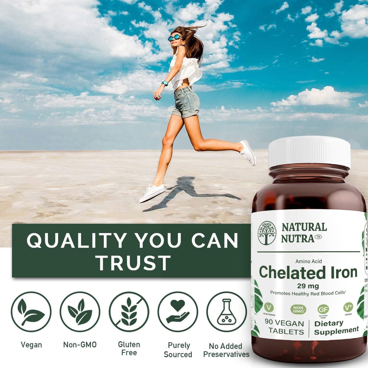 Chelated Iron Supplement for Men and Women - Promotes Healthy Nails, Hair Growth, and Skin - Gluten Free - 90 Tablets