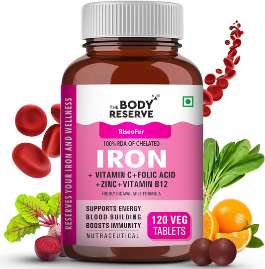 Chelated Iron & Vitamin C Tablets with B12, Zinc, Folic Acid - 120 Veg Tablets for Energy & Immunity, 100% RDA - High Absorption & Blood Building Support