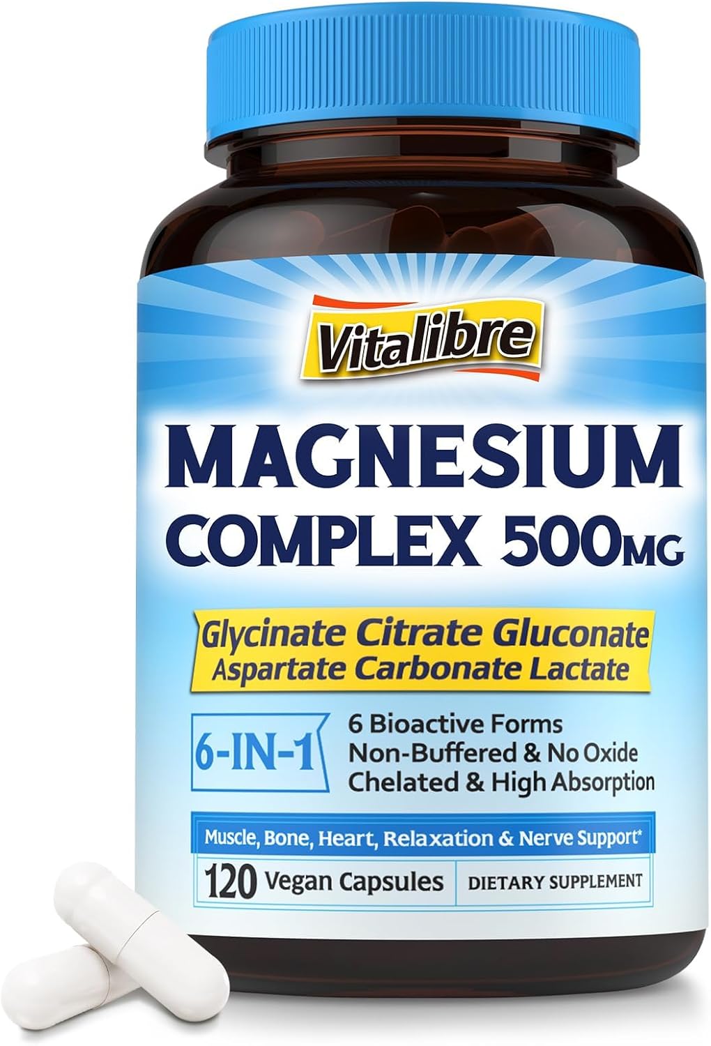 Chelated Magnesium Complex 500mg for Sleep, Calm & Muscle - 6-in-1 Formula for Maximum Absorption - 120 Vegan Capsules - No Magnesium Oxide