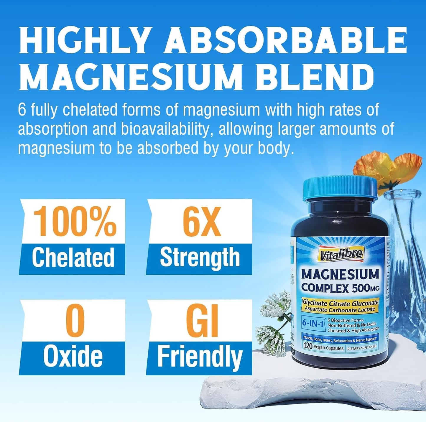 Chelated Magnesium Complex 500mg for Sleep, Calm & Muscle - 6-in-1 Formula for Maximum Absorption - 120 Vegan Capsules - No Magnesium Oxide