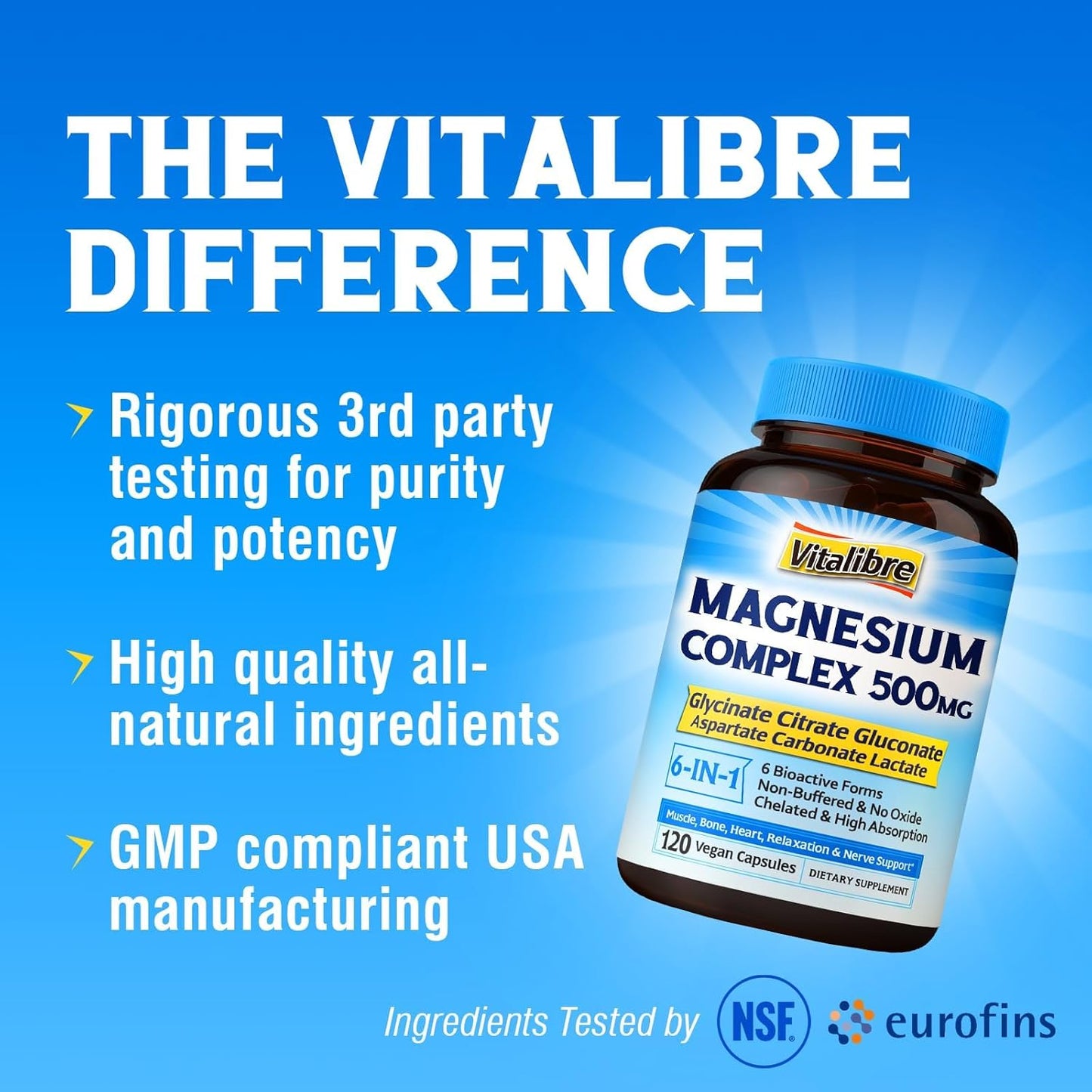 Chelated Magnesium Complex 500mg for Sleep, Calm & Muscle - 6-in-1 Formula for Maximum Absorption - 120 Vegan Capsules - No Magnesium Oxide