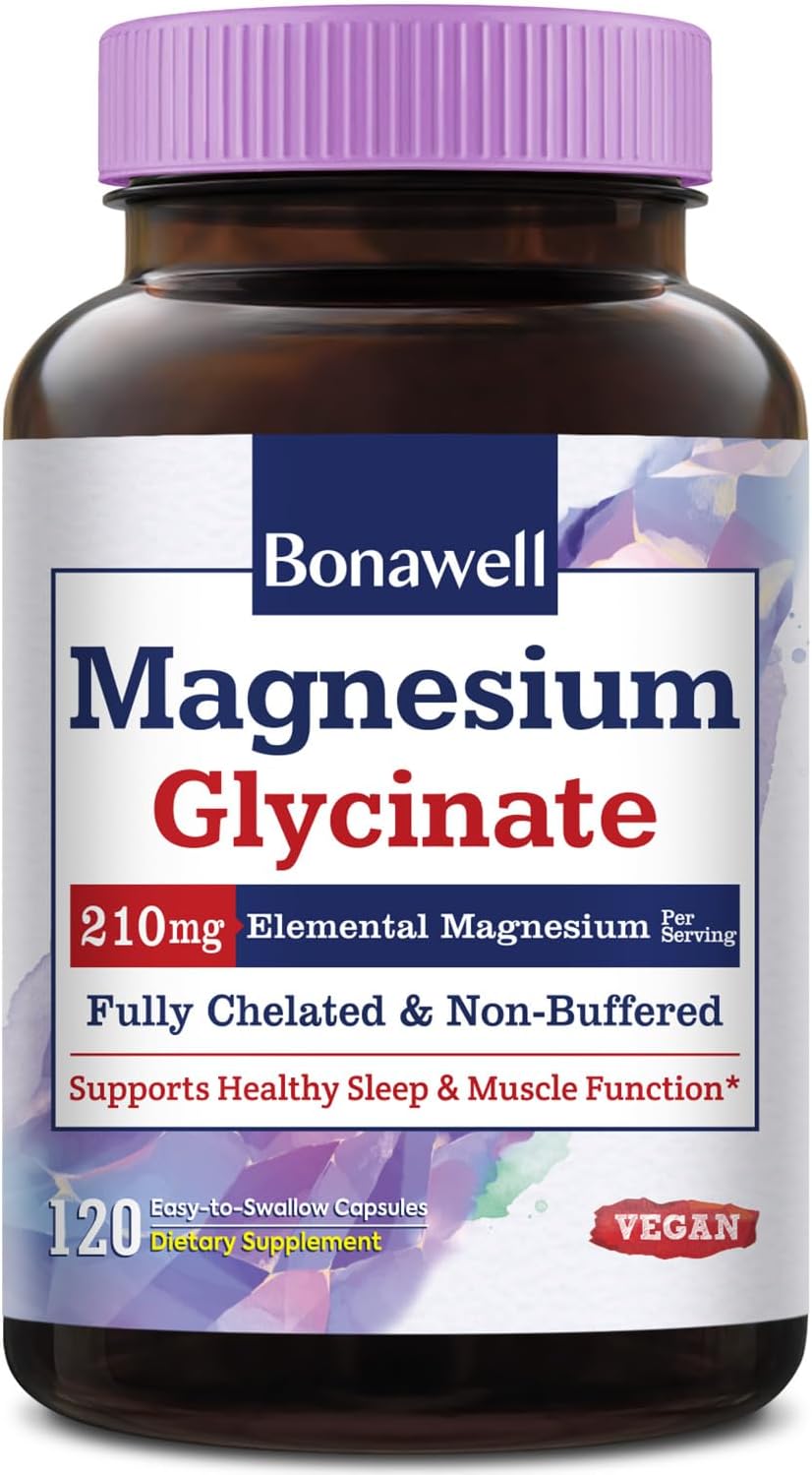 Chelated Magnesium Glycinate Capsules - 210mg Elemental Magnesium, Non-Buffered, Vegan, Supports Nerve, Muscle, and Bone Health - 120 Count