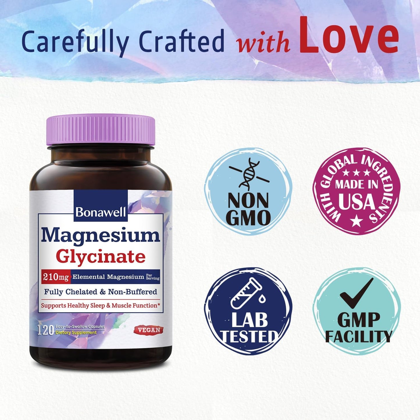 Chelated Magnesium Glycinate Capsules - 210mg Elemental Magnesium, Non-Buffered, Vegan, Supports Nerve, Muscle, and Bone Health - 120 Count