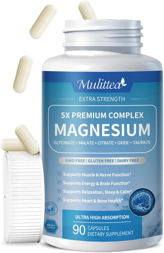 Chelated Magnesium Glycinate Complex with Herbal Extracts for Sleep, Muscle, Heart Health - 90 Capsules, Non-GMO, Vegan, Gluten-Free