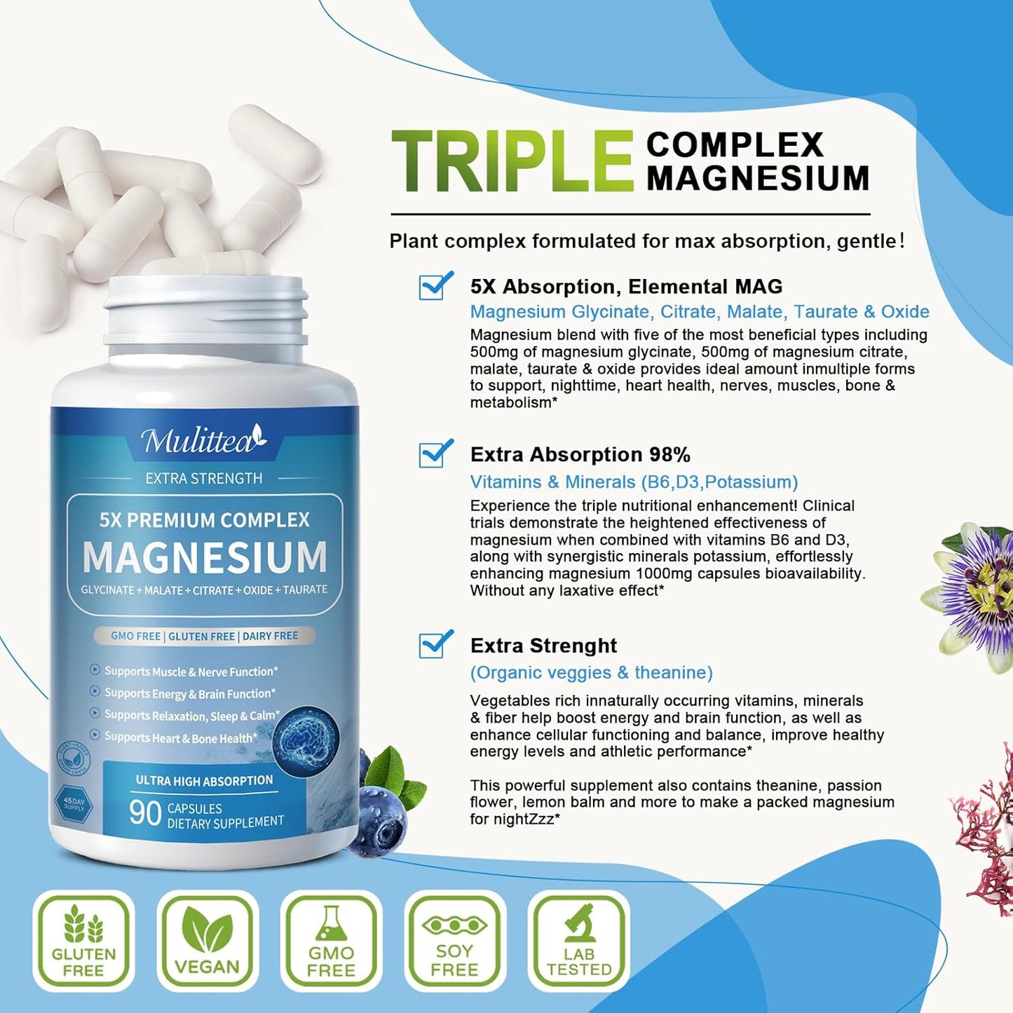 Chelated Magnesium Glycinate Complex with Herbal Extracts for Sleep, Muscle, Heart Health - 90 Capsules, Non-GMO, Vegan, Gluten-Free