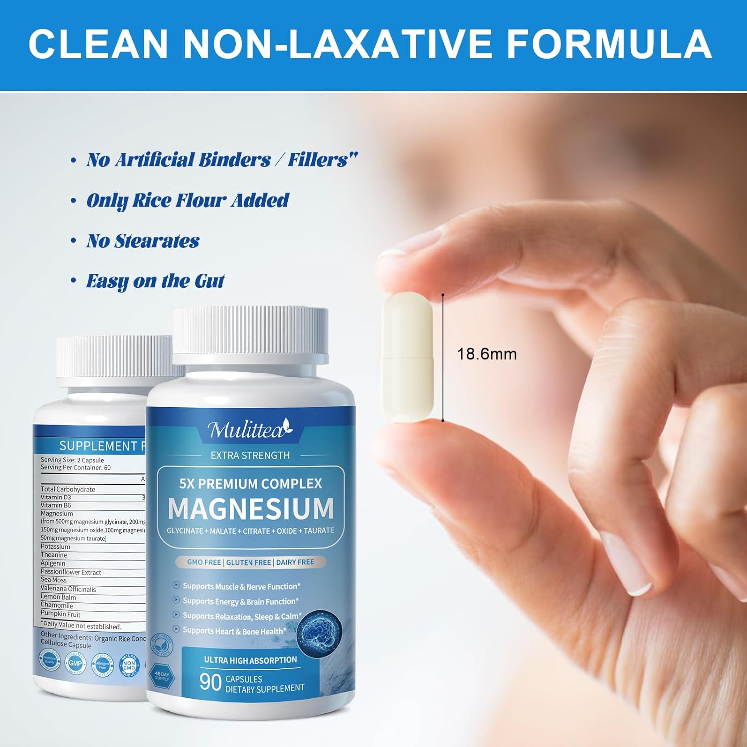 Chelated Magnesium Glycinate Complex with Herbal Extracts for Sleep, Muscle, Heart Health - 90 Capsules, Non-GMO, Vegan, Gluten-Free