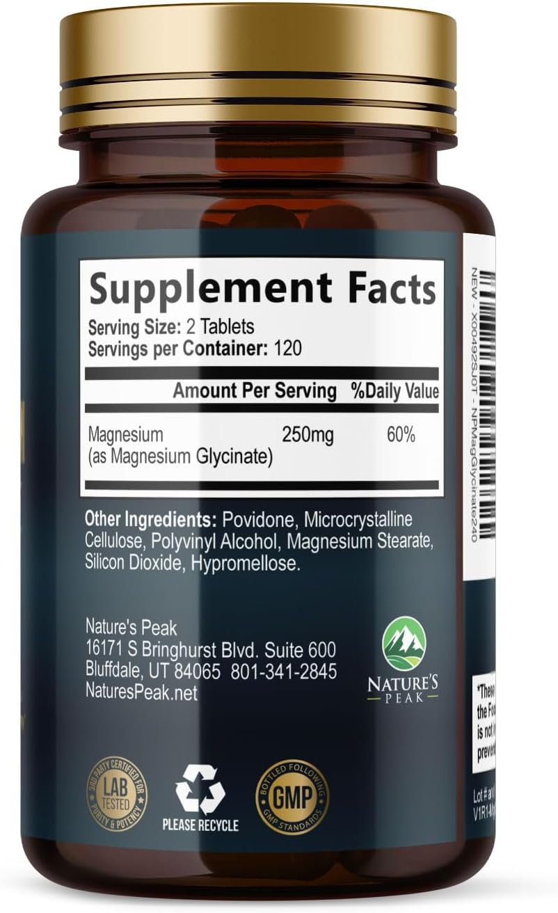 Chelated Magnesium Glycinate Supplement for Bone, Muscle, and Heart Health - Non-GMO Nature's Peak Magnesium Pills, 240 Tablets