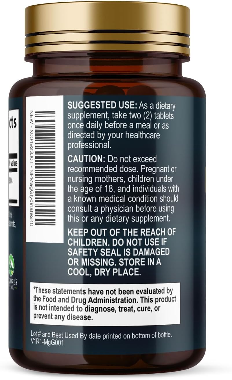 Chelated Magnesium Glycinate Supplement for Bone, Muscle, and Heart Health - Non-GMO Nature's Peak Magnesium Pills, 240 Tablets