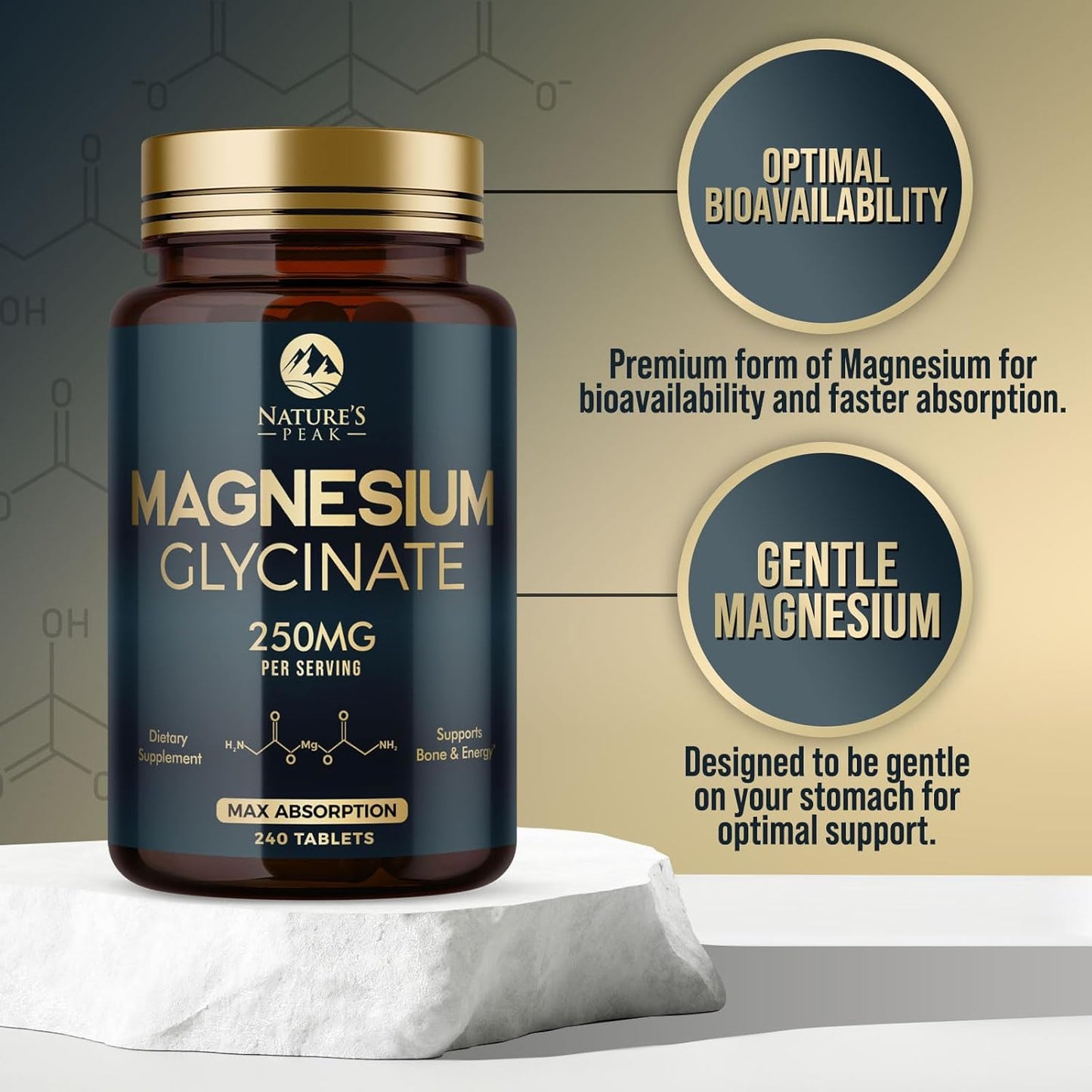 Chelated Magnesium Glycinate Supplement for Bone, Muscle, and Heart Health - Non-GMO Nature's Peak Magnesium Pills, 240 Tablets
