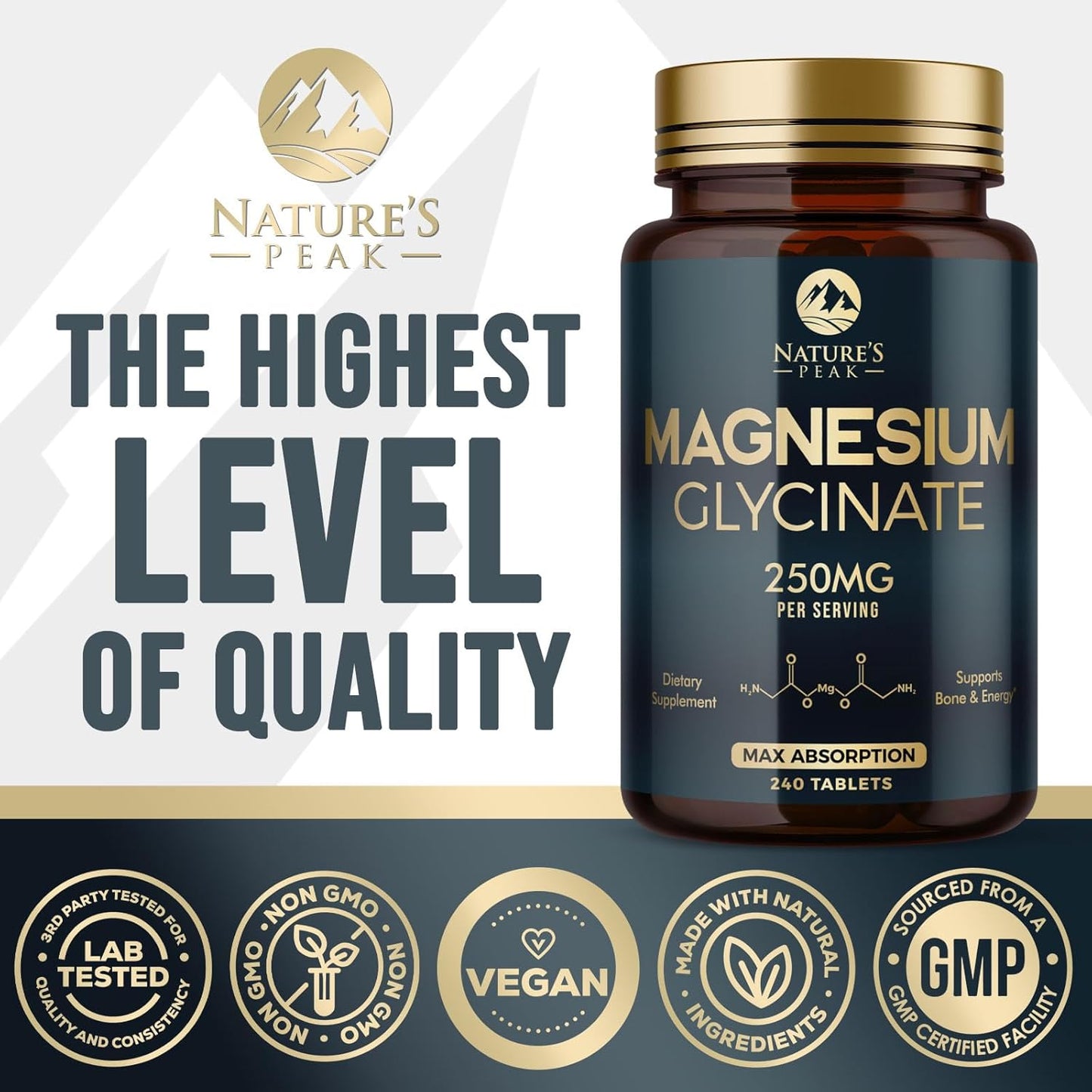 Chelated Magnesium Glycinate Supplement for Bone, Muscle, and Heart Health - Non-GMO Nature's Peak Magnesium Pills, 240 Tablets