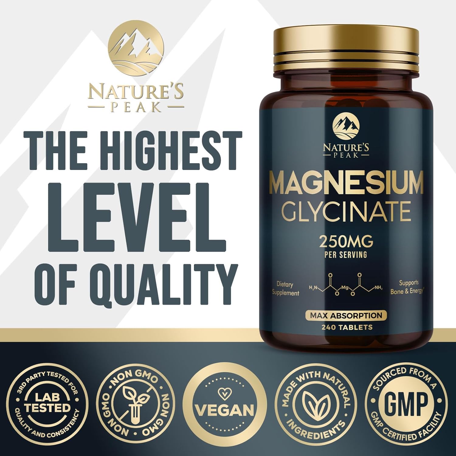 Chelated Magnesium Glycinate Supplement for Bone, Muscle, and Heart Health - Non-GMO Nature's Peak Magnesium Pills, 240 Tablets