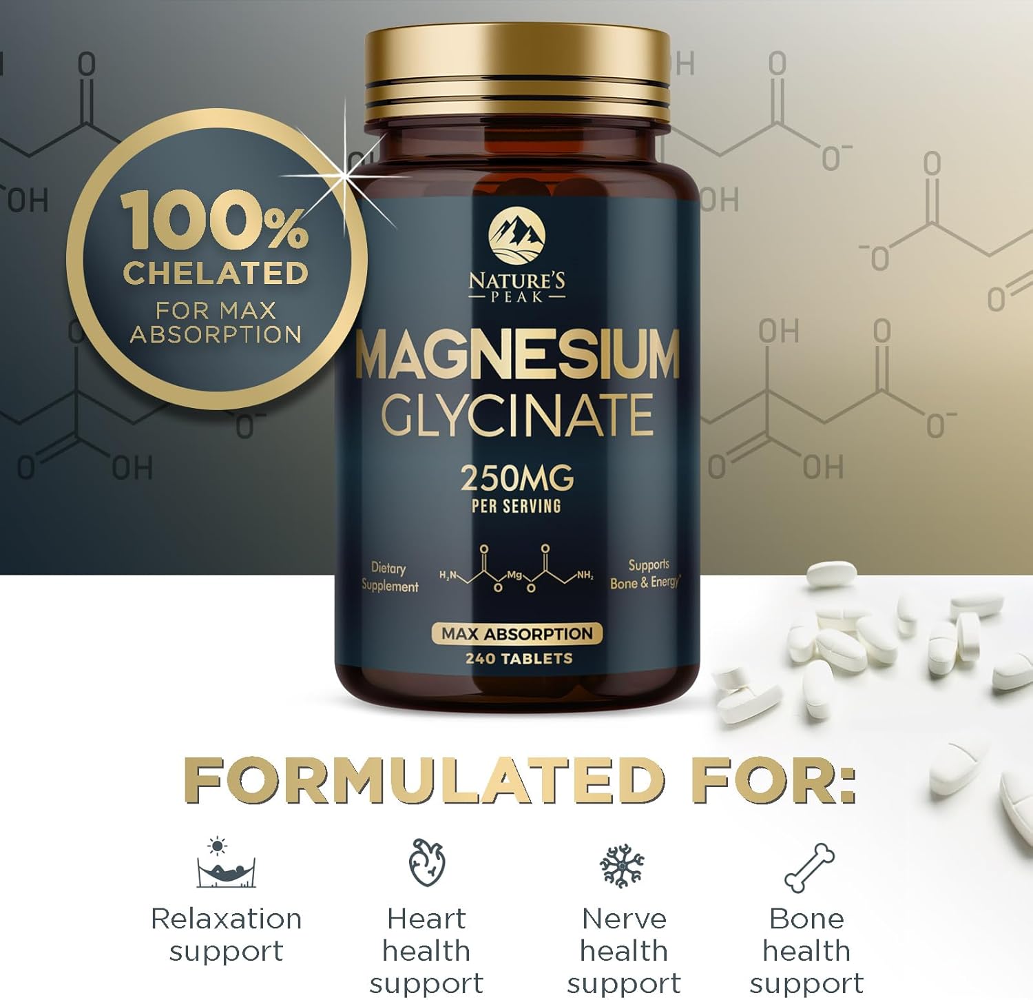 Chelated Magnesium Glycinate Supplement for Bone, Muscle, and Heart Health - Non-GMO Nature's Peak Magnesium Pills, 240 Tablets