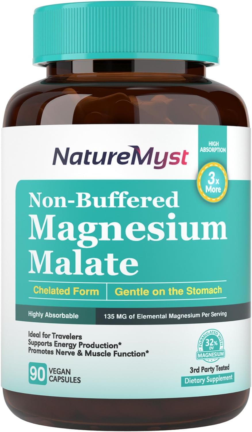 Chelated Magnesium Malate Capsules for Energy & Muscle Function, Non-Buffered, Highly Absorbable, Gentle on Stomach - 90 Vegan Capsules