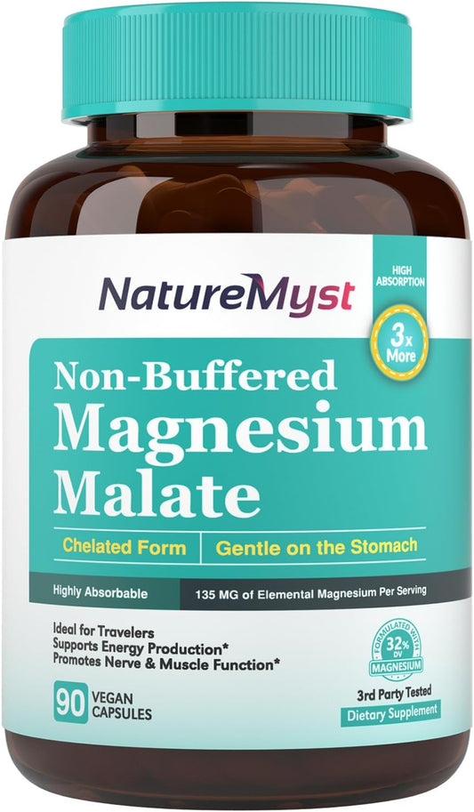 Chelated Magnesium Malate Capsules for Energy & Muscle Function, Non-Buffered, Highly Absorbable, Gentle on Stomach - 90 Vegan Capsules
