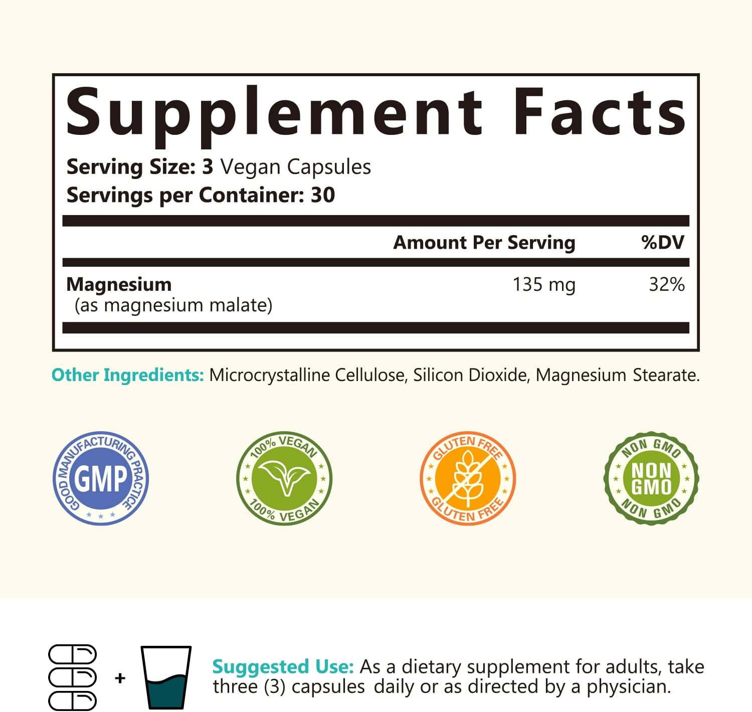 Chelated Magnesium Malate Capsules for Energy & Muscle Function, Non-Buffered, Highly Absorbable, Gentle on Stomach - 90 Vegan Capsules
