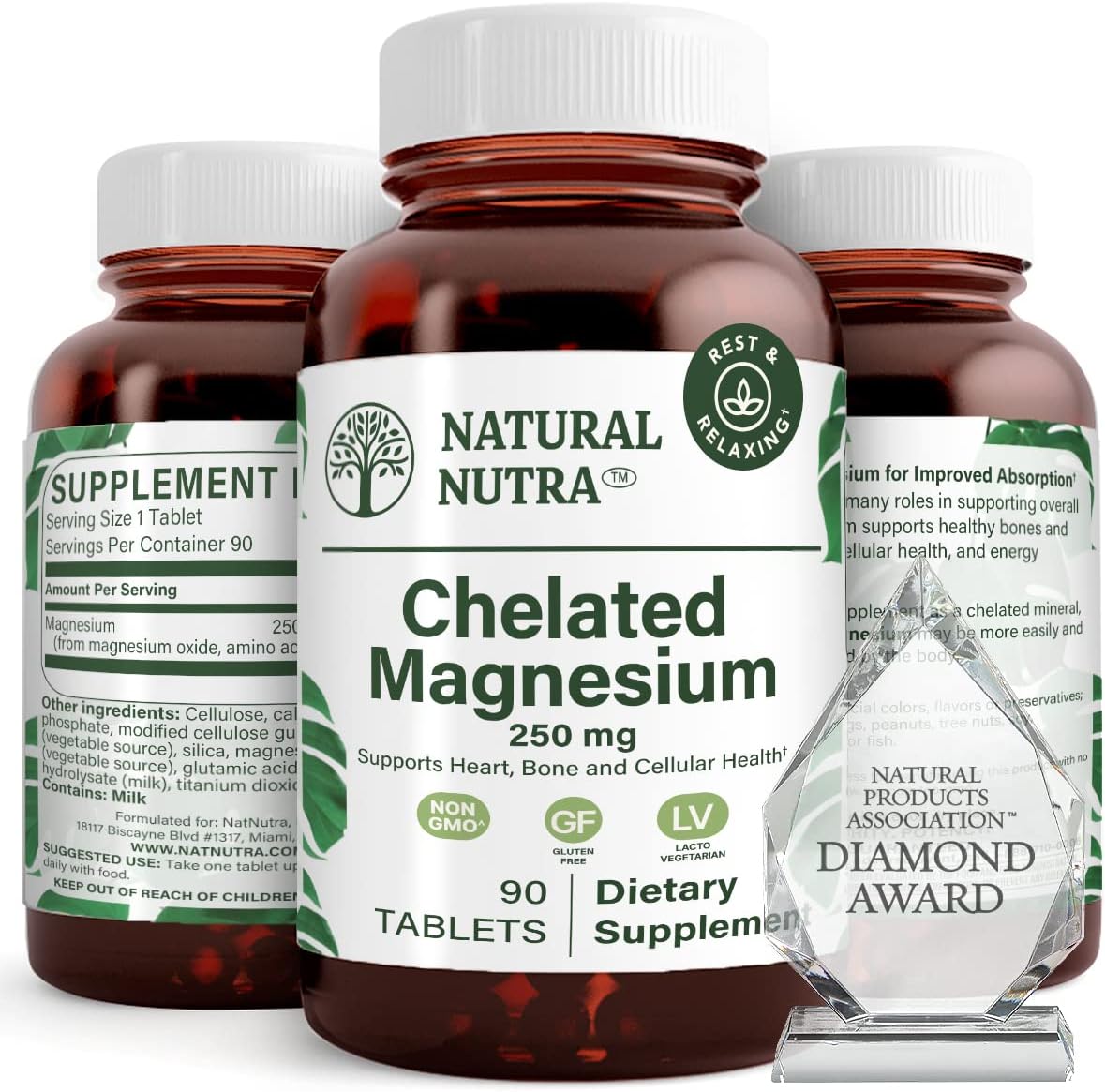 Chelated Magnesium Oxide 250mg for Strong Bones & Heart Health - High Absorption, Boosts Energy, 90 Tablets in Glass Bottles