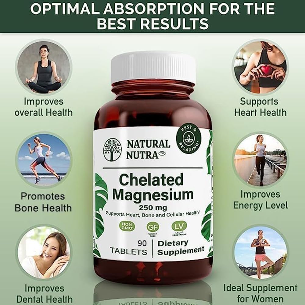 Chelated Magnesium Oxide 250mg for Strong Bones & Heart Health - High Absorption, Boosts Energy, 90 Tablets in Glass Bottles