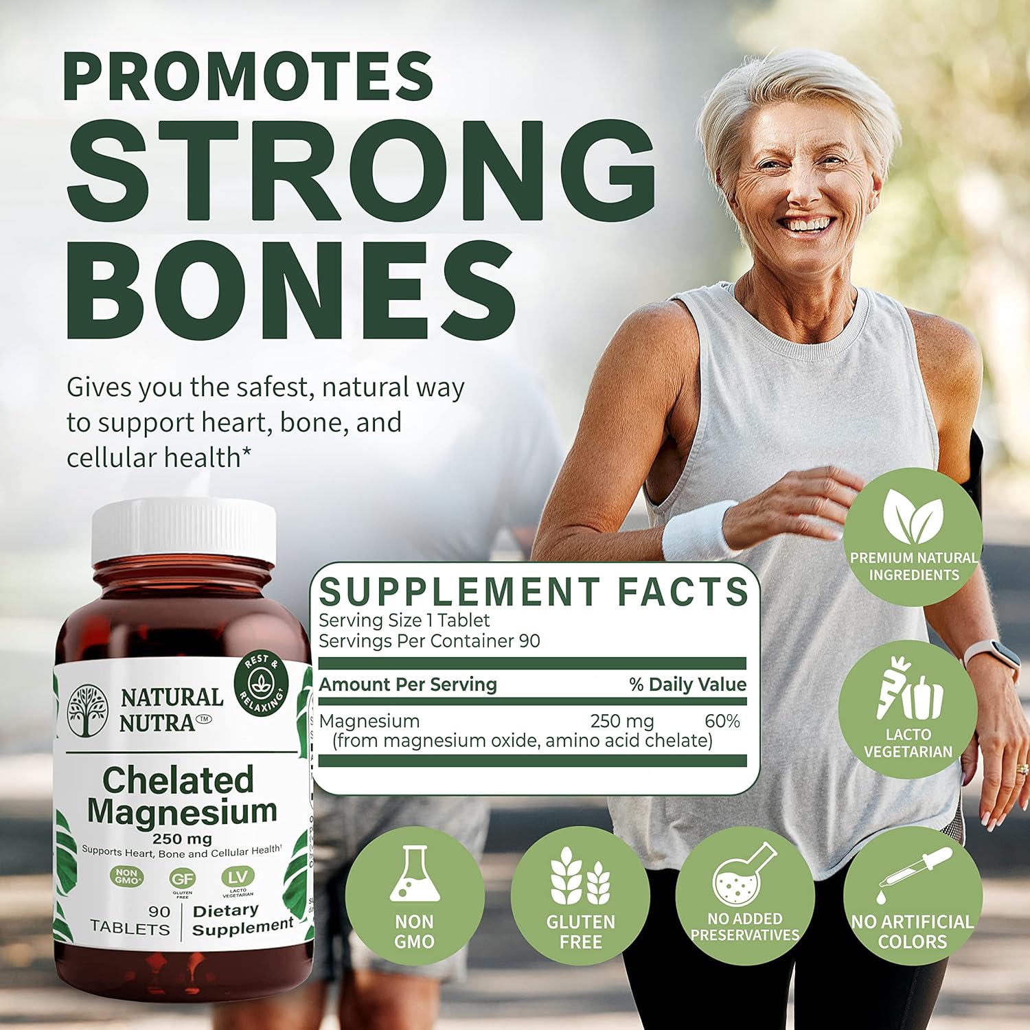 Chelated Magnesium Oxide 250mg for Strong Bones & Heart Health - High Absorption, Boosts Energy, 90 Tablets in Glass Bottles
