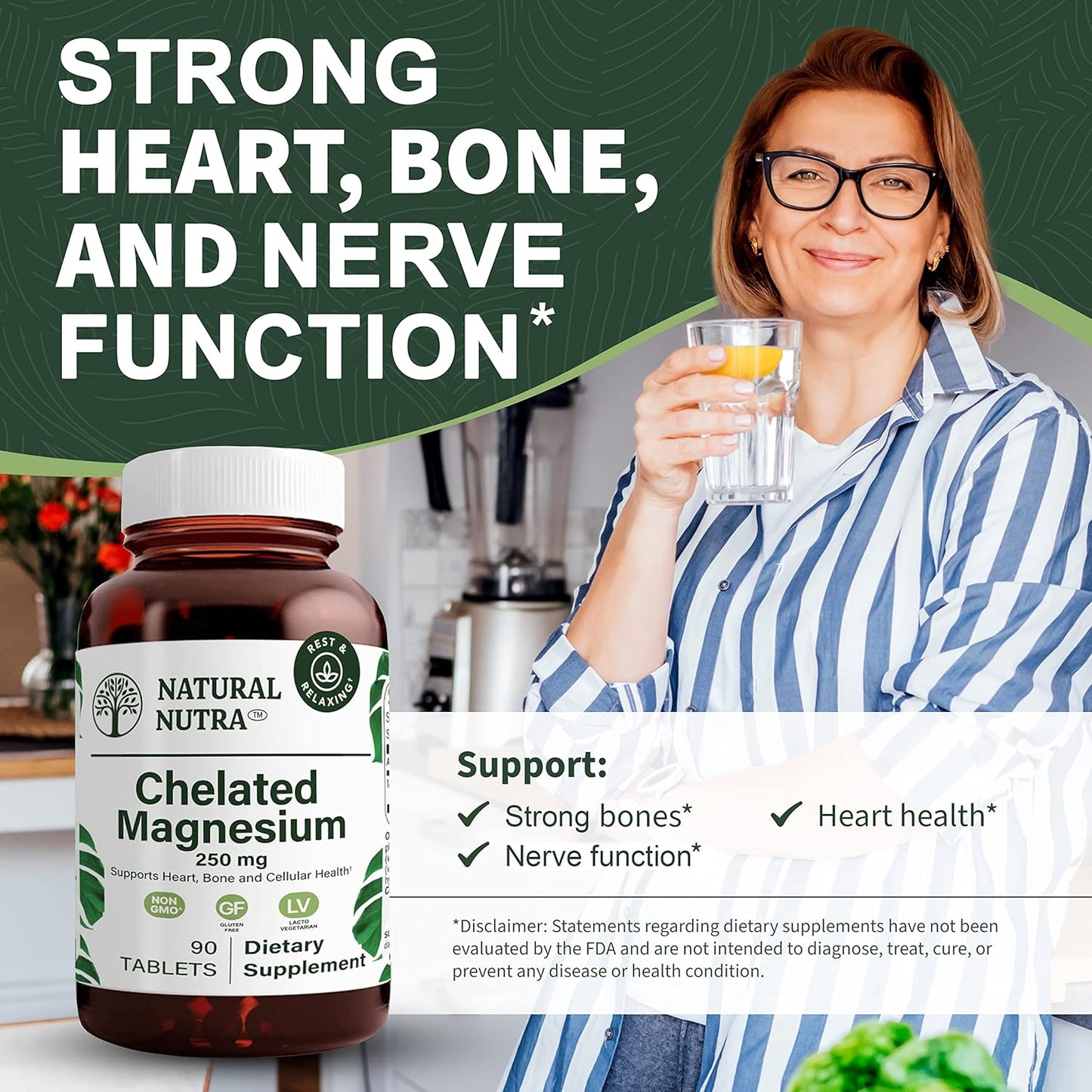 Chelated Magnesium Oxide 250mg for Strong Bones & Heart Health - High Absorption, Boosts Energy, 90 Tablets in Glass Bottles