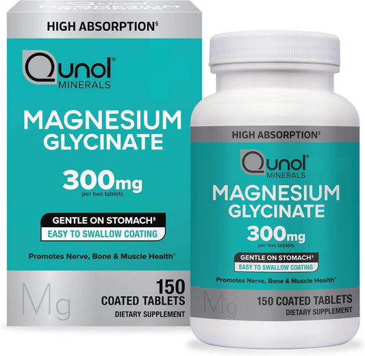 Chelated Magnesium Supplement 300mg, 150 Tablets - Qunol Glycinate Magnesium Formula
