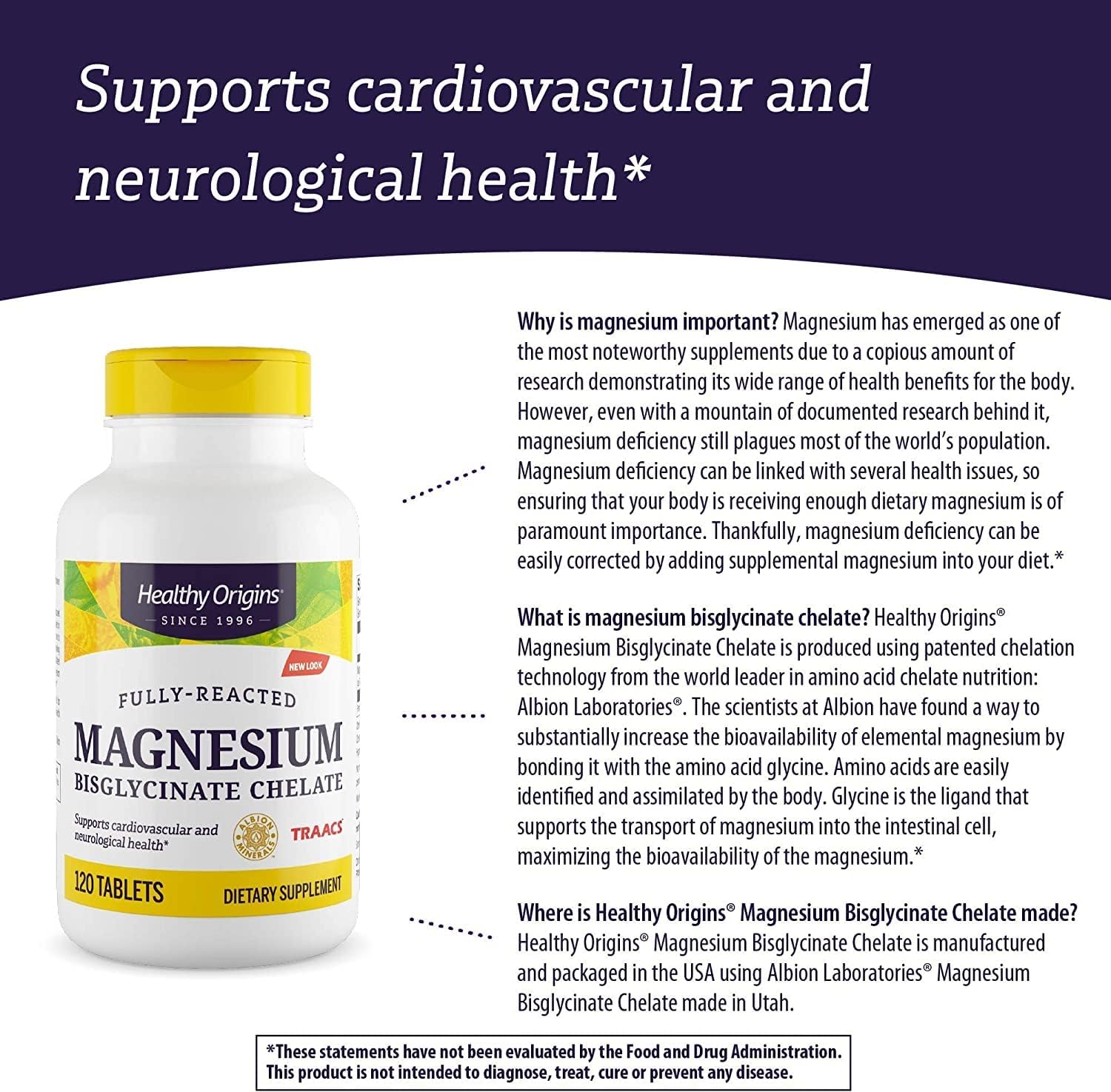 Chelated Magnesium Supplement for Brain and Heart Health - 120 Tablets