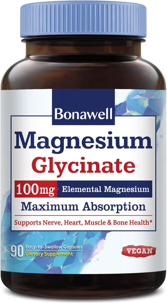 Chelated Magnesium Supplement for Nerve, Heart, Muscle Health - 100mg Elemental Magnesium - 90 Vegan Capsules