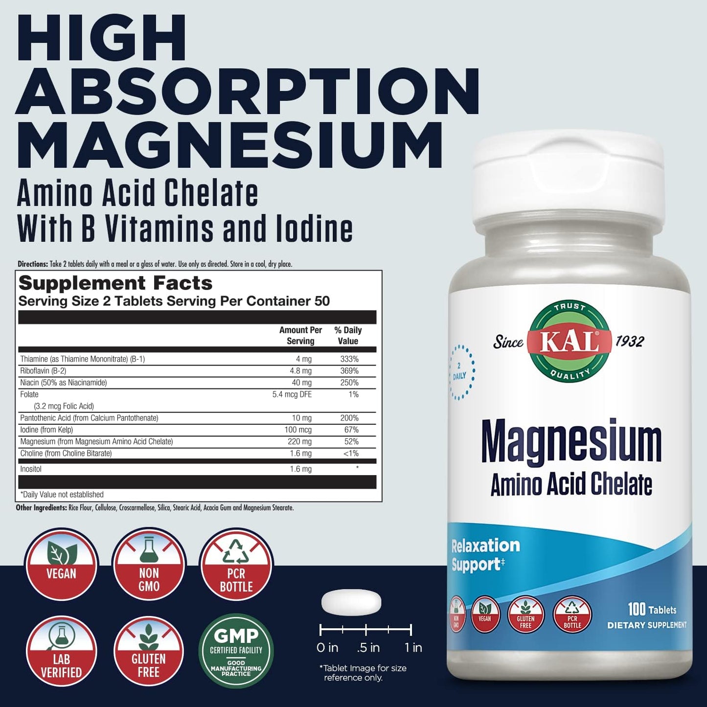 Chelated Magnesium Tablets 220mg, 100 Count Bottle