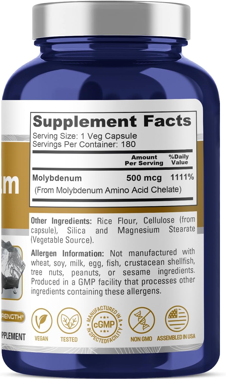 Chelated Molybdenum 500 mcg - 180 Vegan Capsules (Non-GMO) by NusaPure