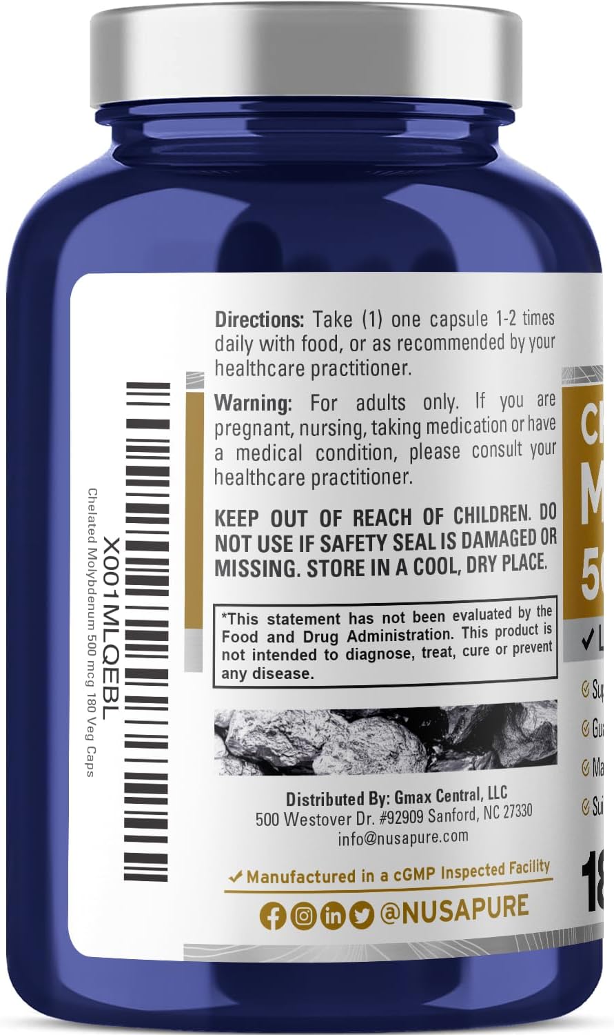 Chelated Molybdenum 500 mcg - 180 Vegan Capsules (Non-GMO) by NusaPure