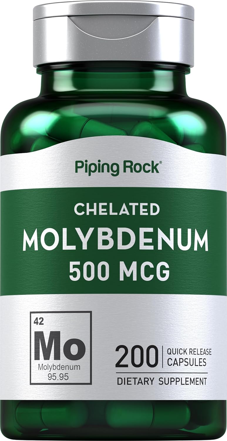 Chelated Molybdenum Amino Acid Supplement | 500 mcg | 200 Capsules | Non-GMO, Gluten Free | Piping Rock