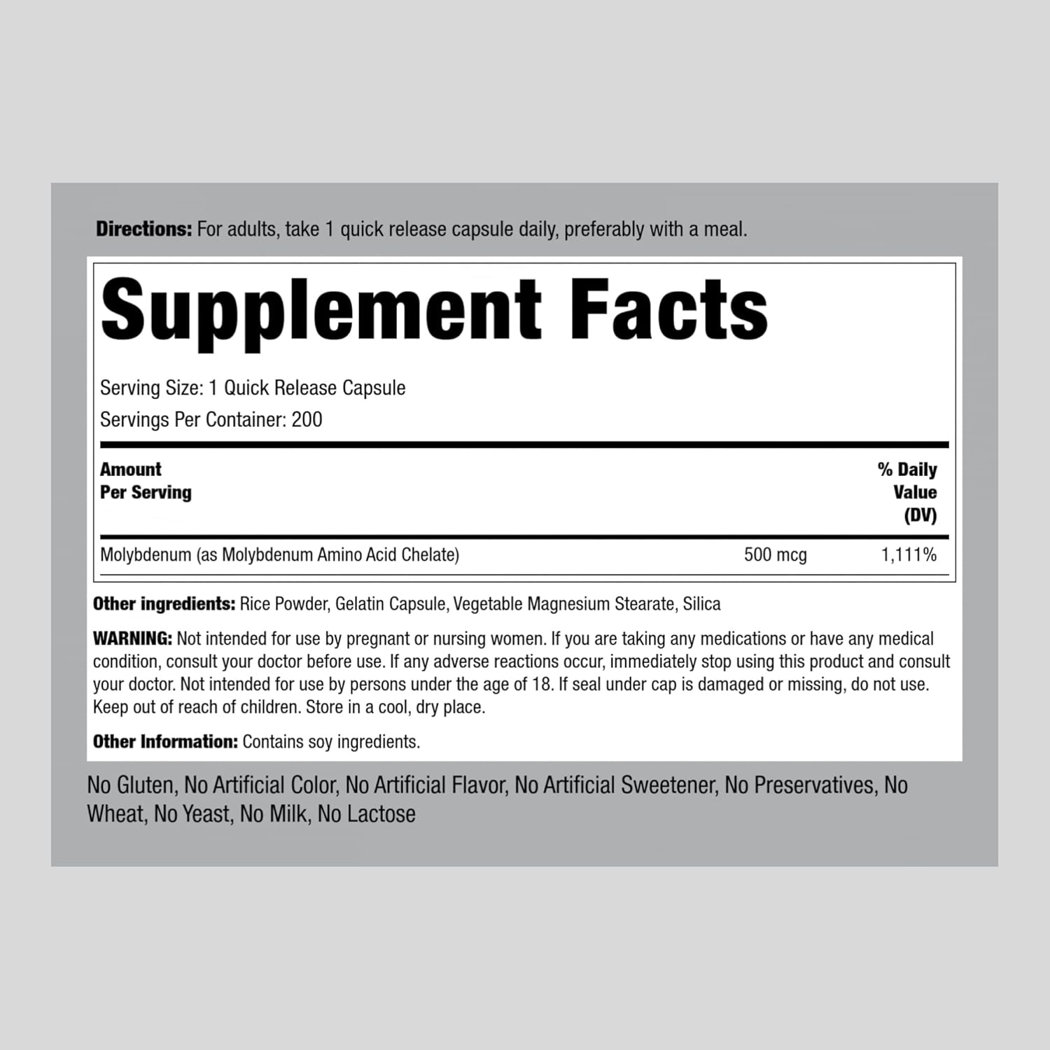 Chelated Molybdenum Amino Acid Supplement | 500 mcg | 200 Capsules | Non-GMO, Gluten Free | Piping Rock