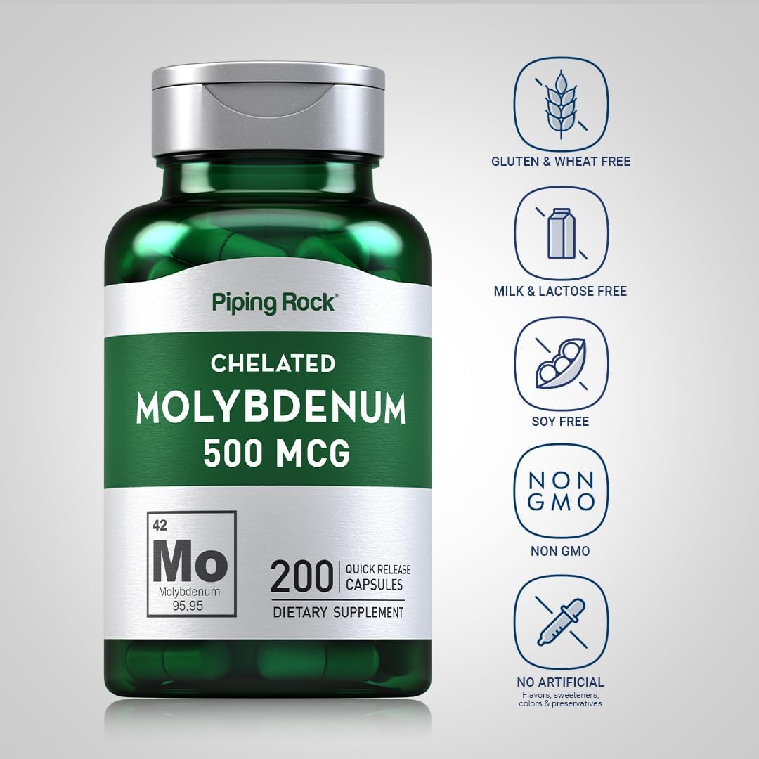 Chelated Molybdenum Amino Acid Supplement | 500 mcg | 200 Capsules | Non-GMO, Gluten Free | Piping Rock