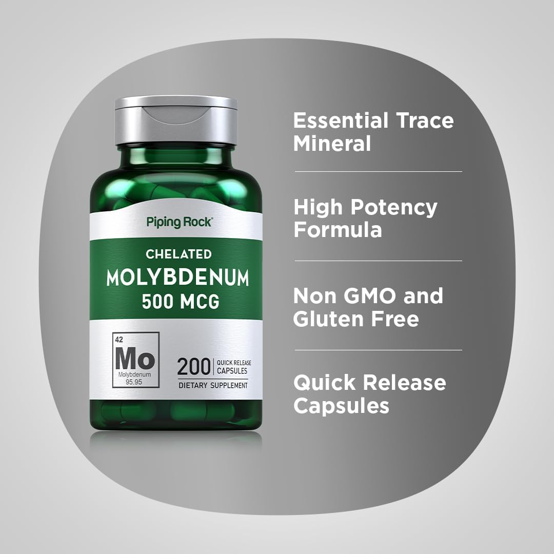 Chelated Molybdenum Amino Acid Supplement | 500 mcg | 200 Capsules | Non-GMO, Gluten Free | Piping Rock
