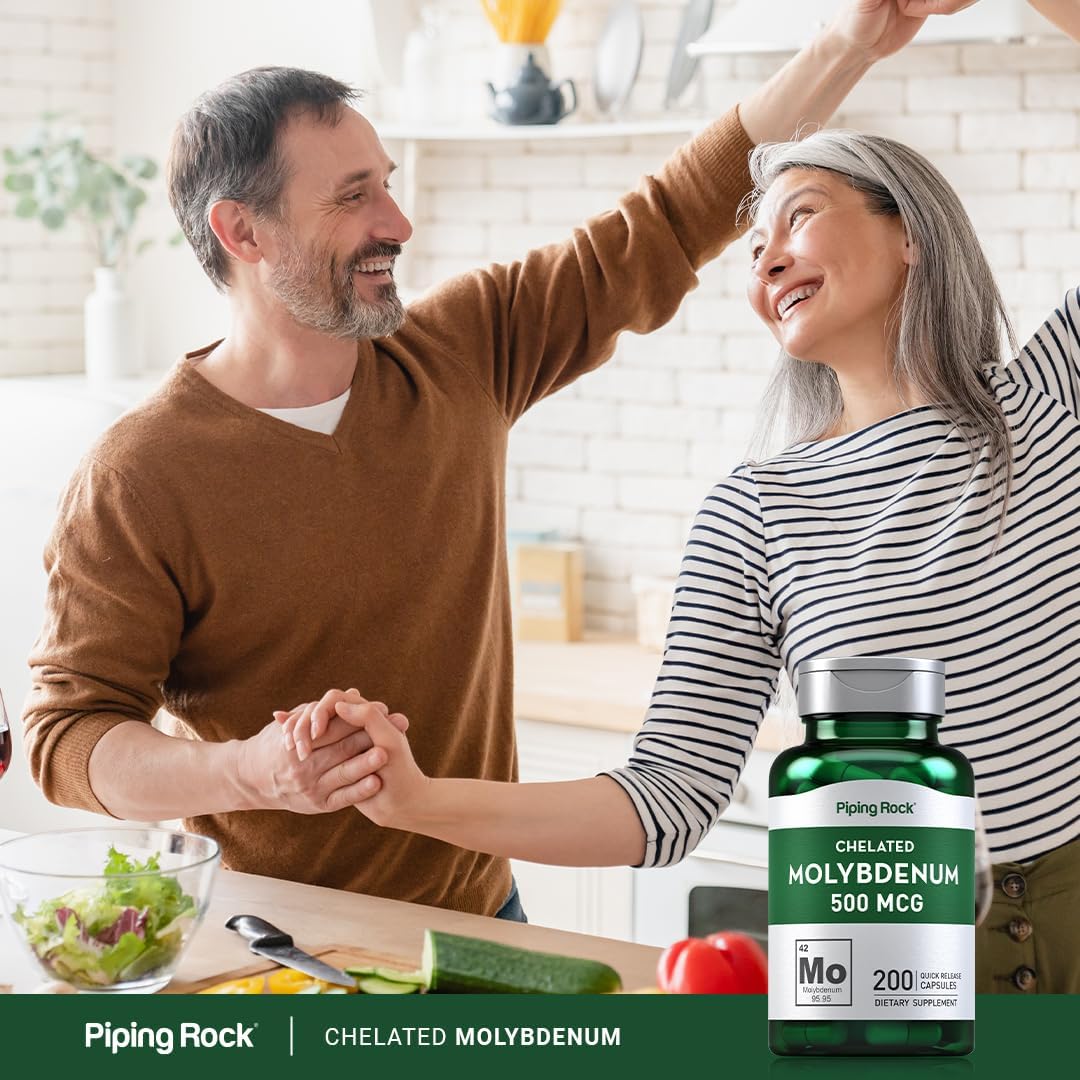 Chelated Molybdenum Amino Acid Supplement | 500 mcg | 200 Capsules | Non-GMO, Gluten Free | Piping Rock
