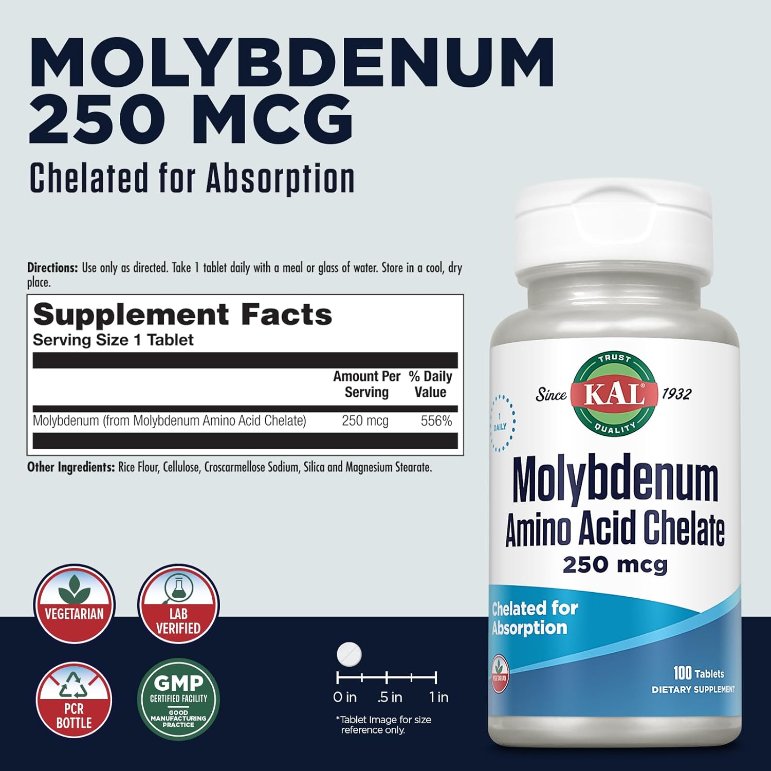 Chelated Molybdenum Tablets 250 Mcg, 100 Count Bottle