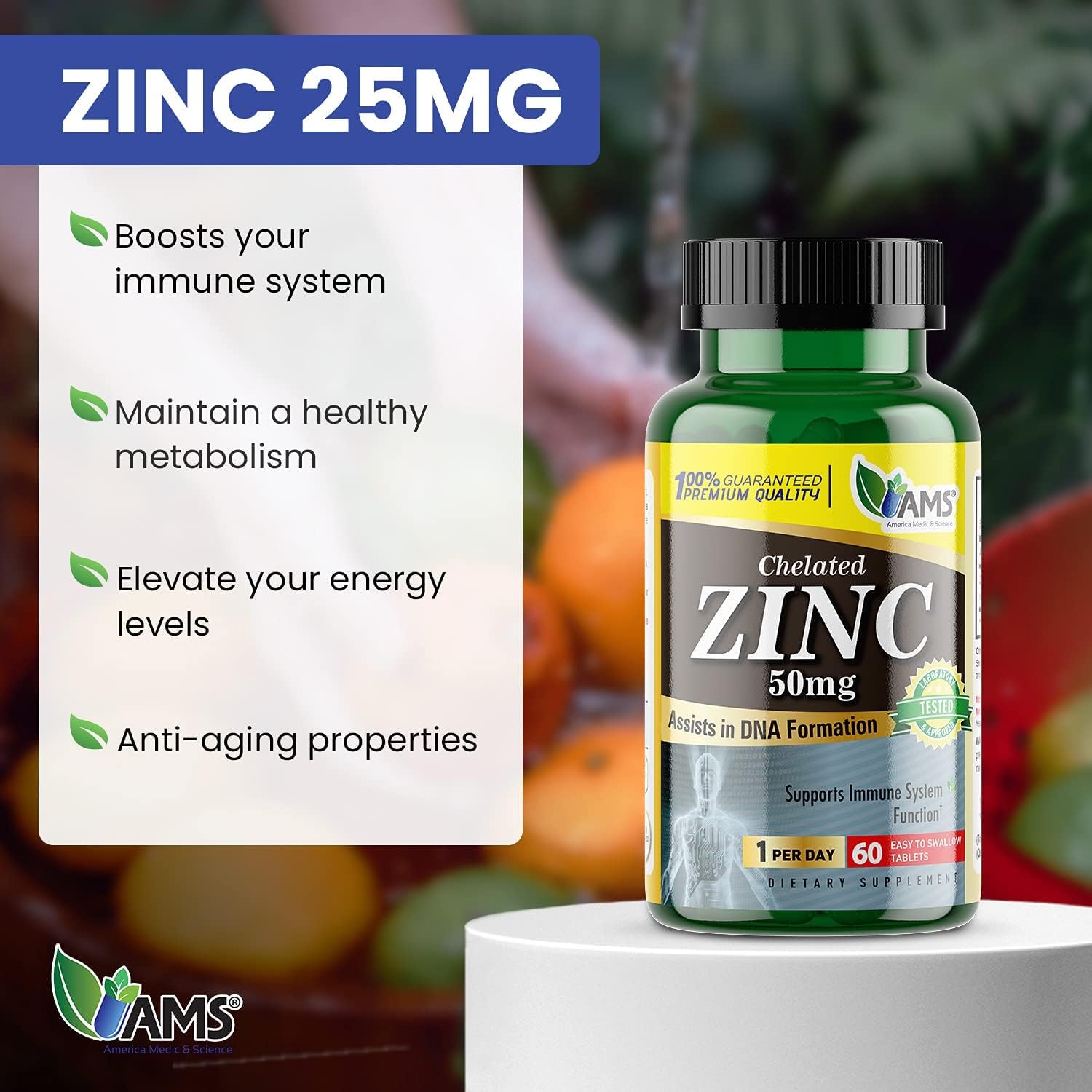 Chelated Zinc 50mg Immune Booster & Antioxidant Supplement (5 Pack, 60 Tablets) for Adults - Highly Absorbable Mineral, Mood & Sleep Support