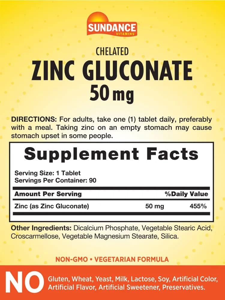 Chelated Zinc Gluconate 50mg Tablets - 90 Count - Vegetarian, Non-GMO, Gluten Free Supplement by Sundance