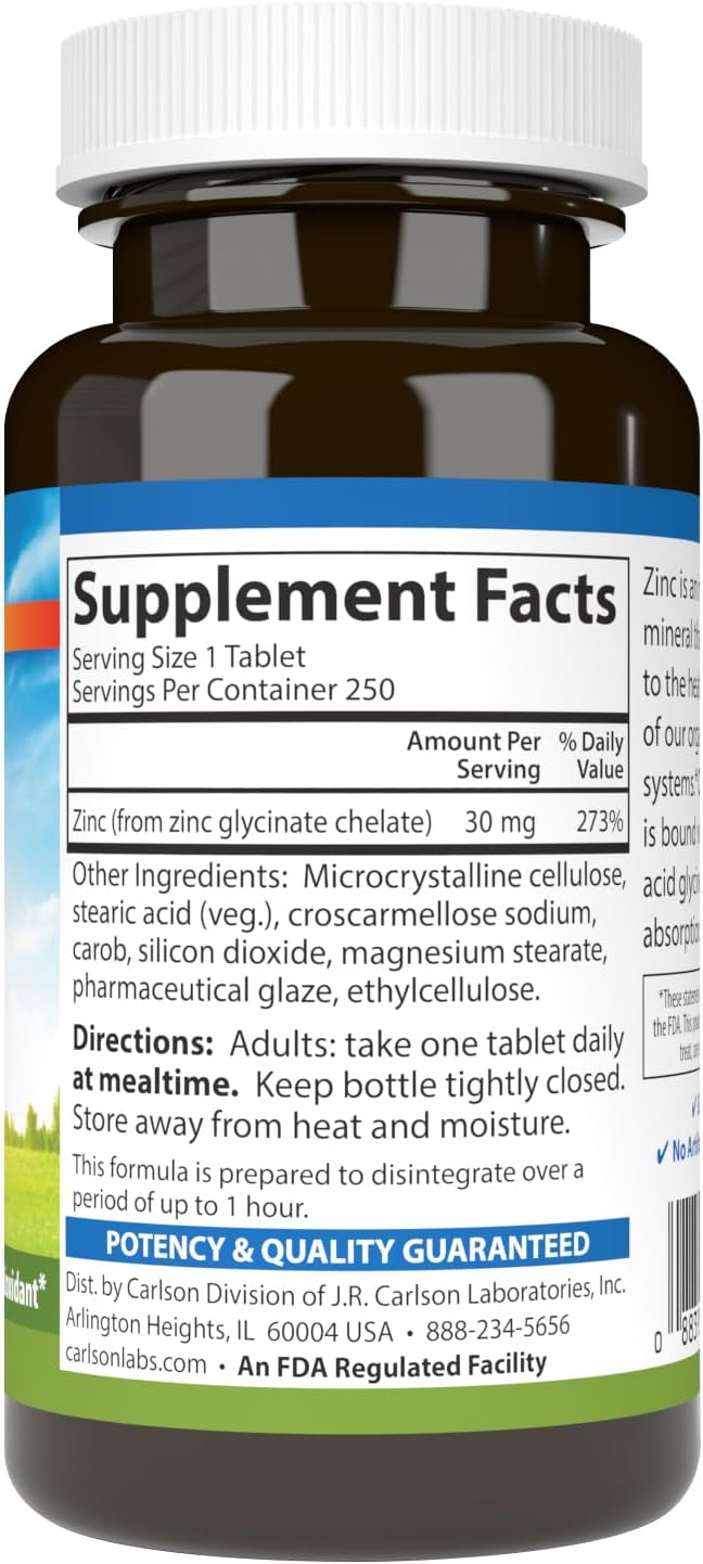 Chelated Zinc Supplement 250 Tablets by Carlson - BoostGo Australia
