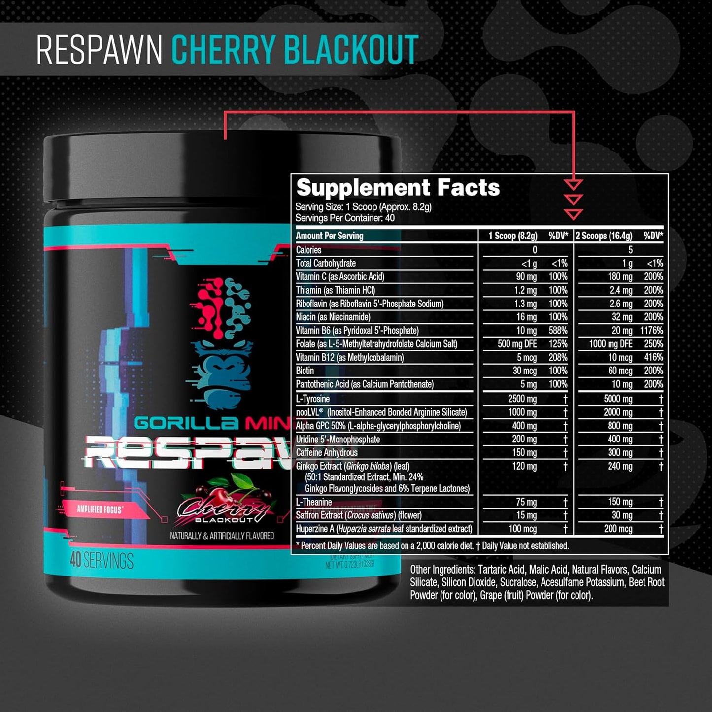 Cherry Blackout Gorilla Mind Respawn: Advanced Gaming Supplement for Focus, Reaction Time, and Clean Energy - 40 Servings