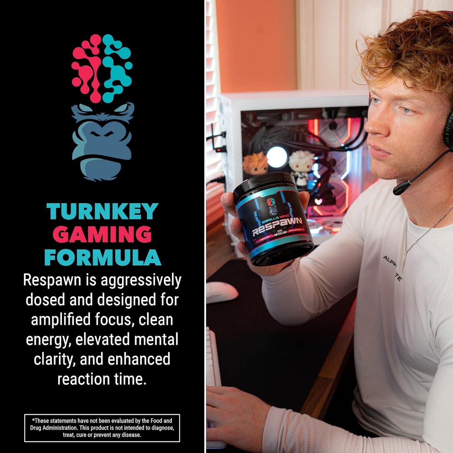 Cherry Blackout Gorilla Mind Respawn: Advanced Gaming Supplement for Focus, Reaction Time, and Clean Energy - 40 Servings
