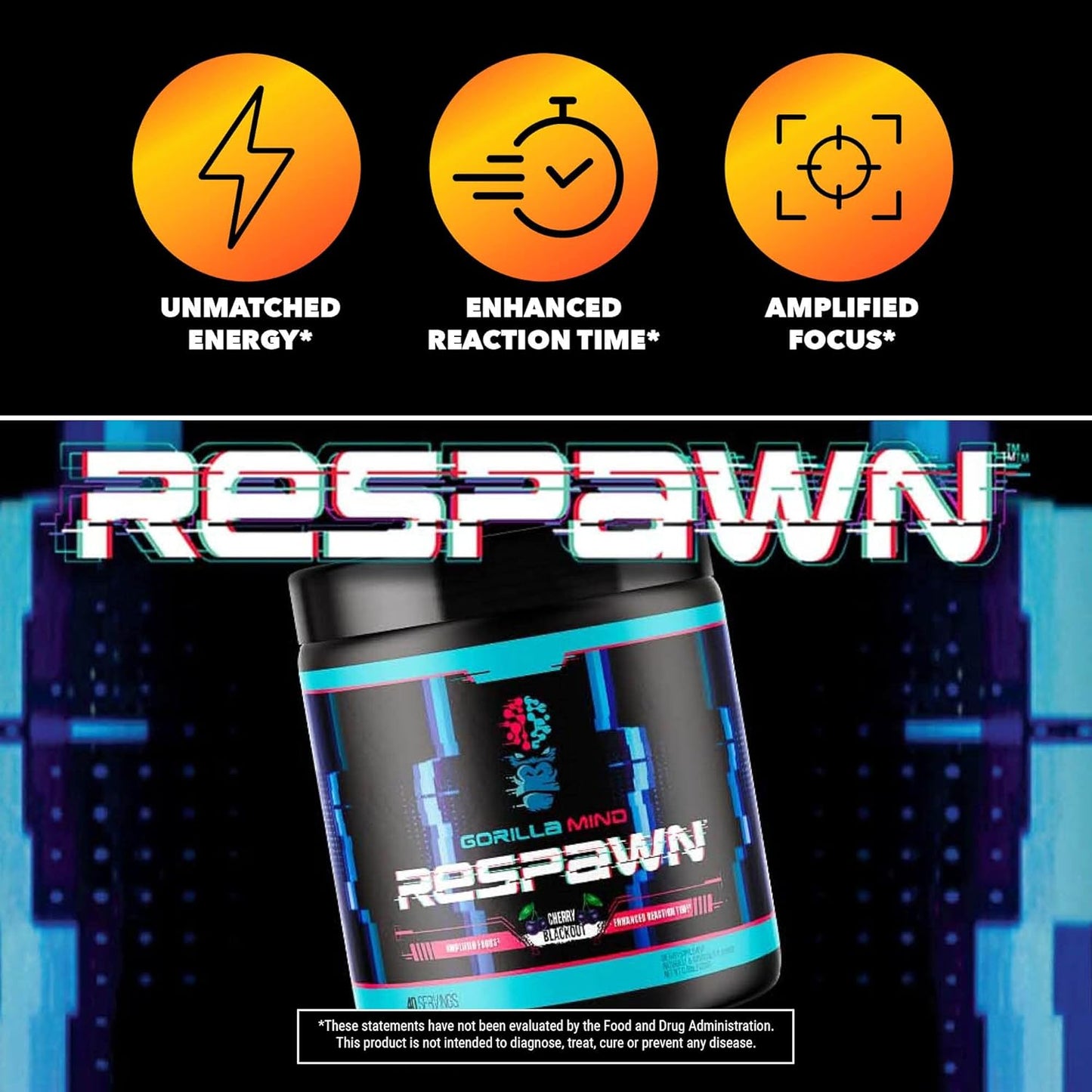 Cherry Blackout Gorilla Mind Respawn: Advanced Gaming Supplement for Focus, Reaction Time, and Clean Energy - 40 Servings