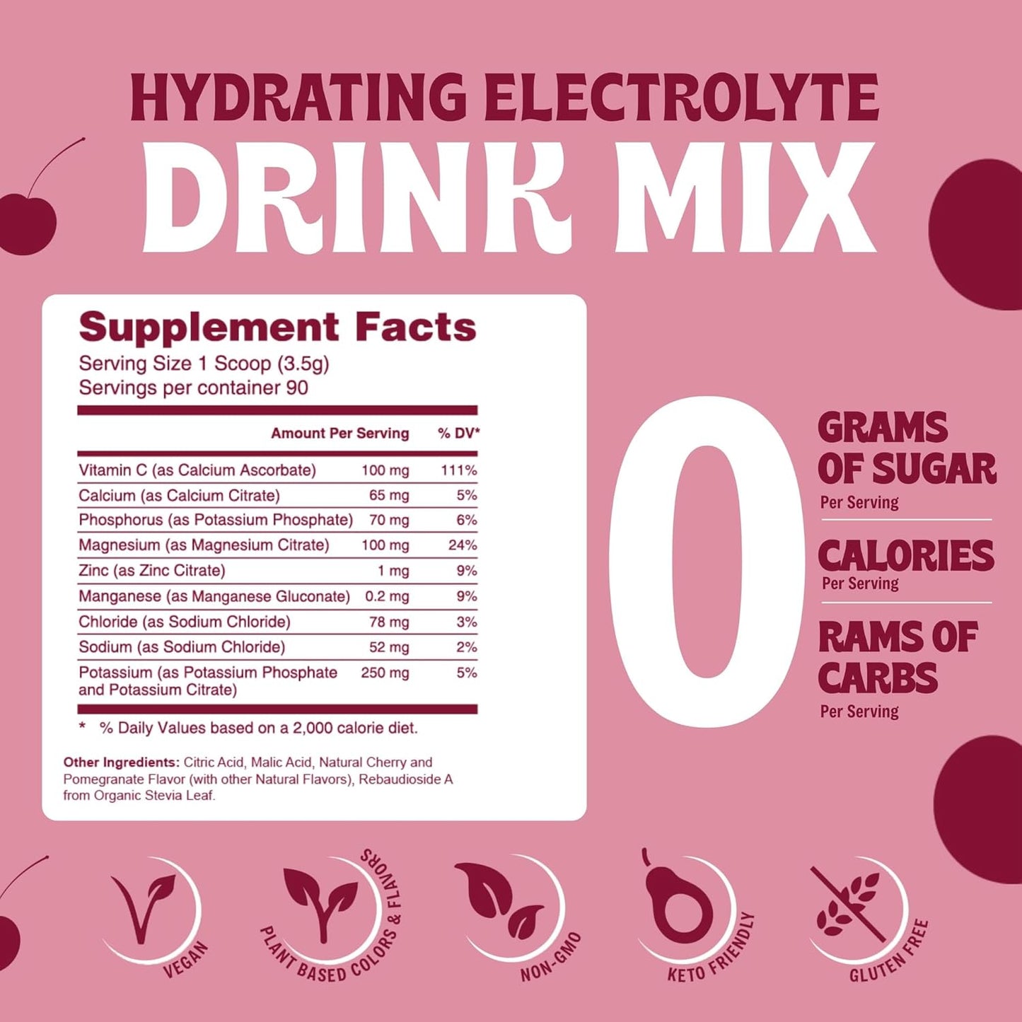 Cherry Electrolyte Powder Mix - Sugar-Free Hydration Supplement with Zero Calories, Carbs, or Artificial Ingredients - Keto-Friendly - 90 Servings