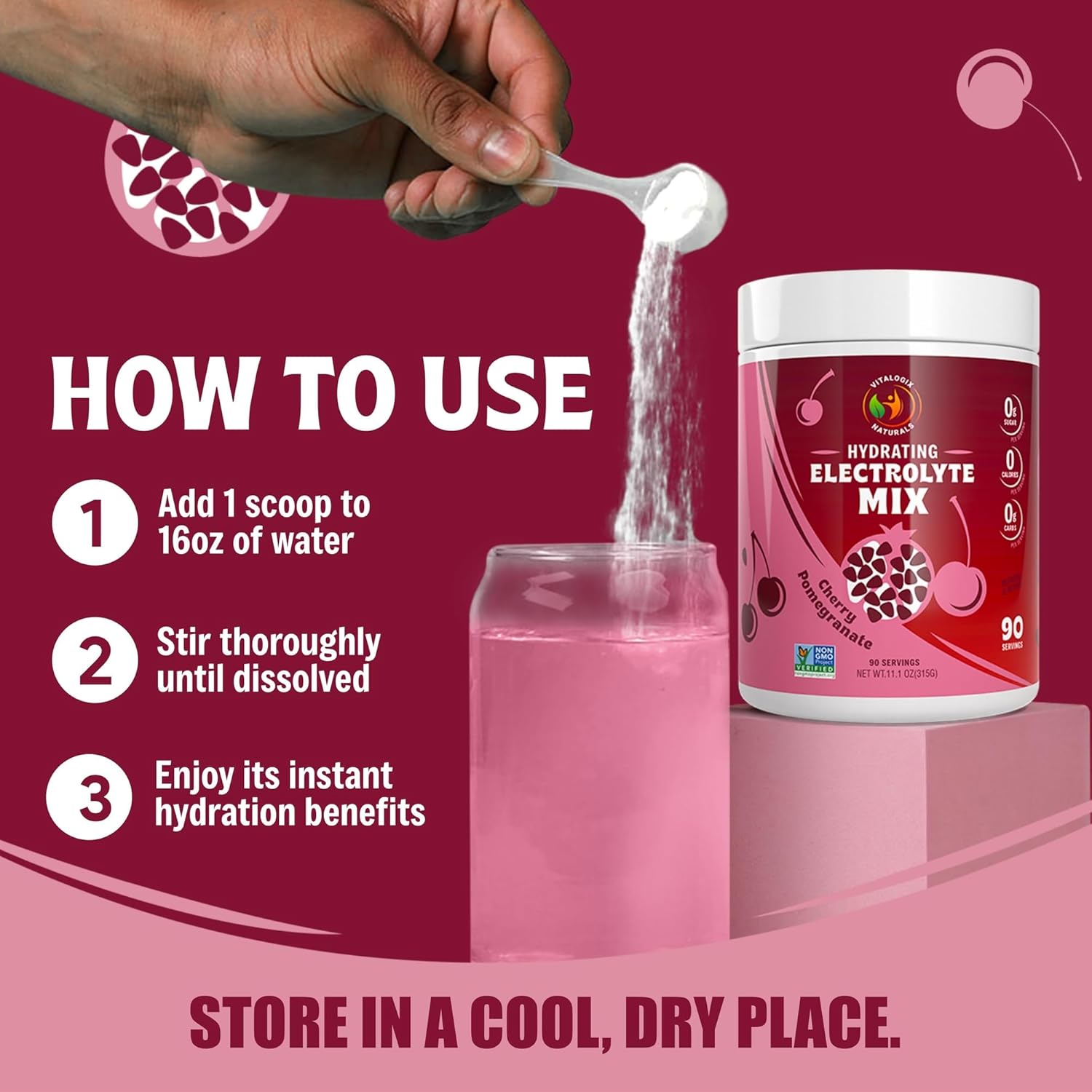 Cherry Electrolyte Powder Mix - Sugar-Free Hydration Supplement with Zero Calories, Carbs, or Artificial Ingredients - Keto-Friendly - 90 Servings