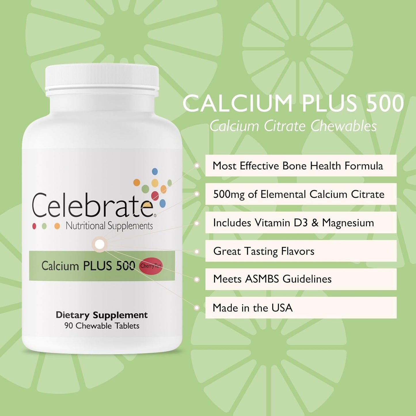 Cherry Flavored Chewable Calcium Plus Supplement for Post Bariatric Surgery - 500mg Calcium Citrate, 333 IU Vitamin D3, 34mg Magnesium - Gluten-Free & Sugar-Free - 90 Tablets
